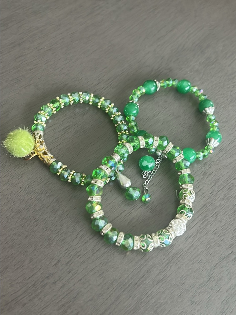 Green Crystal Beaded Stretch Bracelet Trio